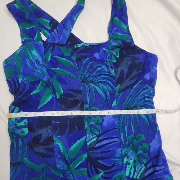 VINTAGE 90s dress blue tropical print criss cross back midi M - Picture 7 of 8
